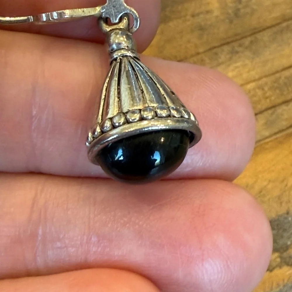 Southwest Style Silver Tone Black Bead Pierced Earrings